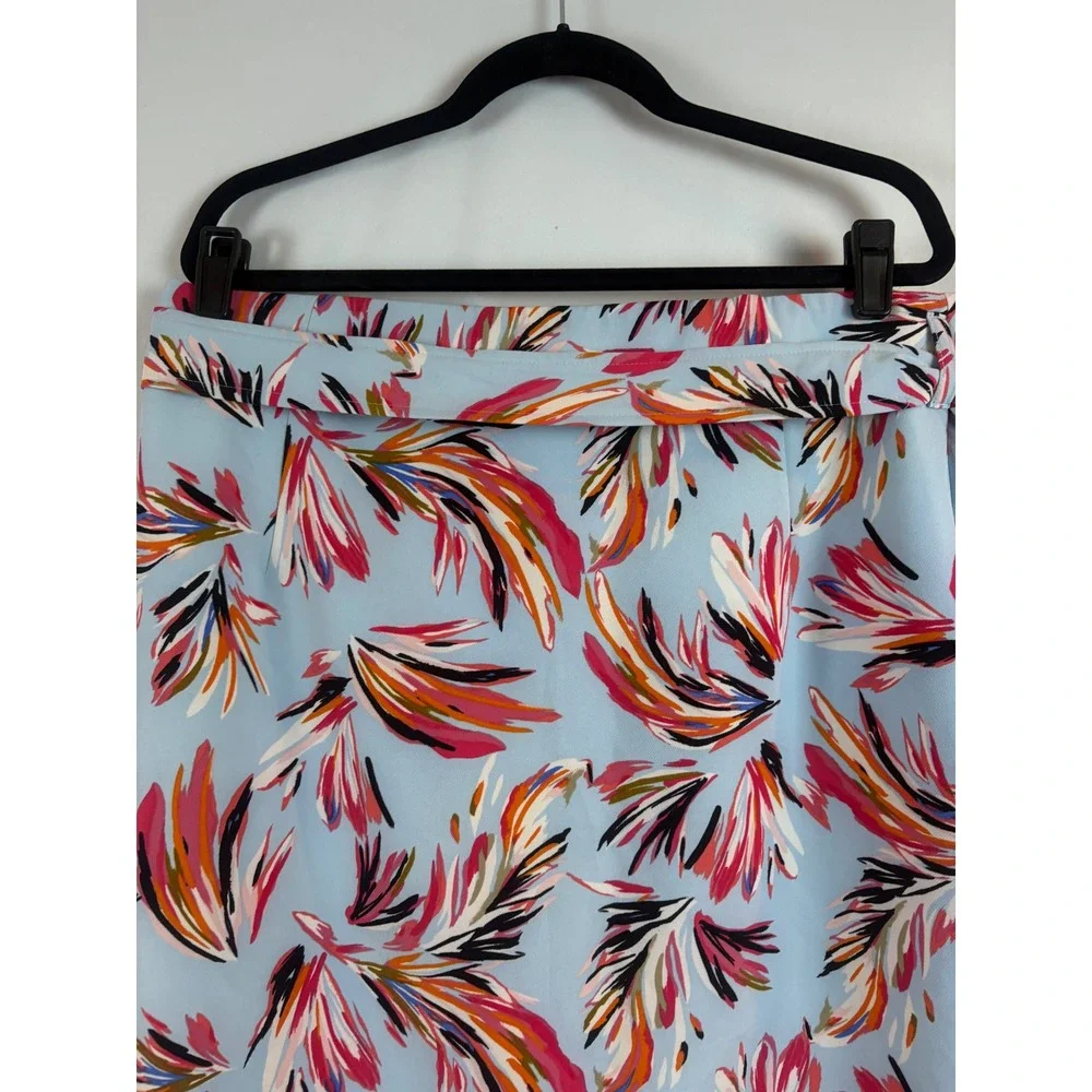 Floral Print Pencil Skirt Light Blue Pink High Waist Tie Belt Mid-Length Size 22